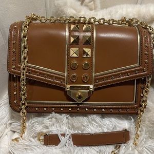 Michael Kors SoHo Studded chain crossbody flap bag in gold and tan